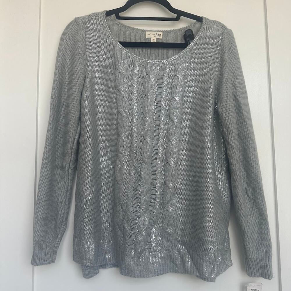 Lightweight Cable Knit Sweater XL Soft Metallic Fleck Spring Layering